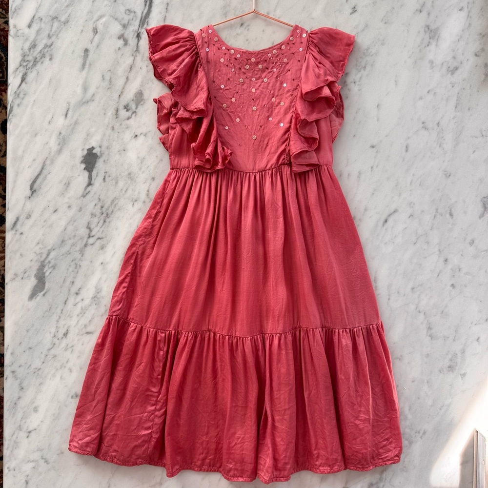 Velveteen 5Y Watermelon Pink Ruffle Bodice Sequin Bead Detail Tiered Dress Lined